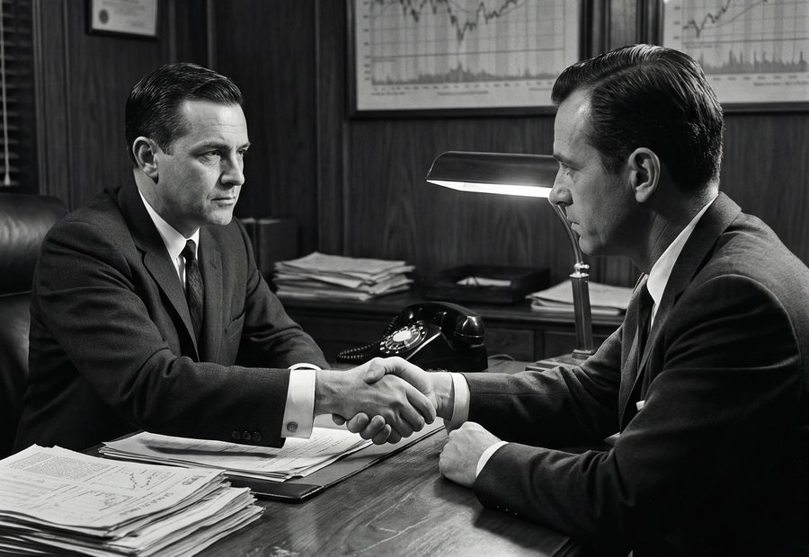 Two executives closing a deal across a desk